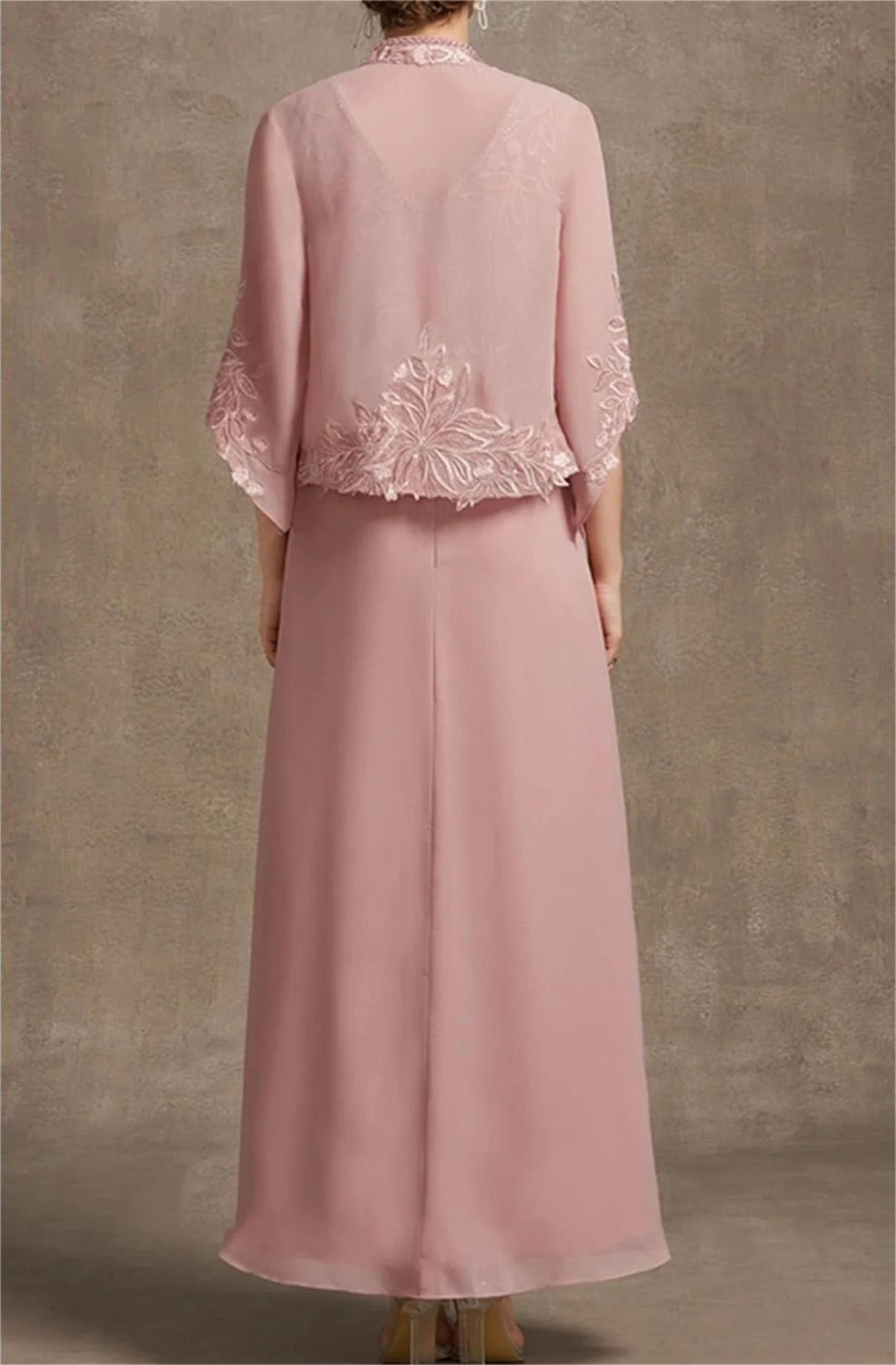 Braut Mutter Kleid V-Ausschnitt ärmellose Blatt Spitze Chiffon rosa Abend Duo Set von eleganten Langarm Jacke maßge schneiderte Kleider 2024