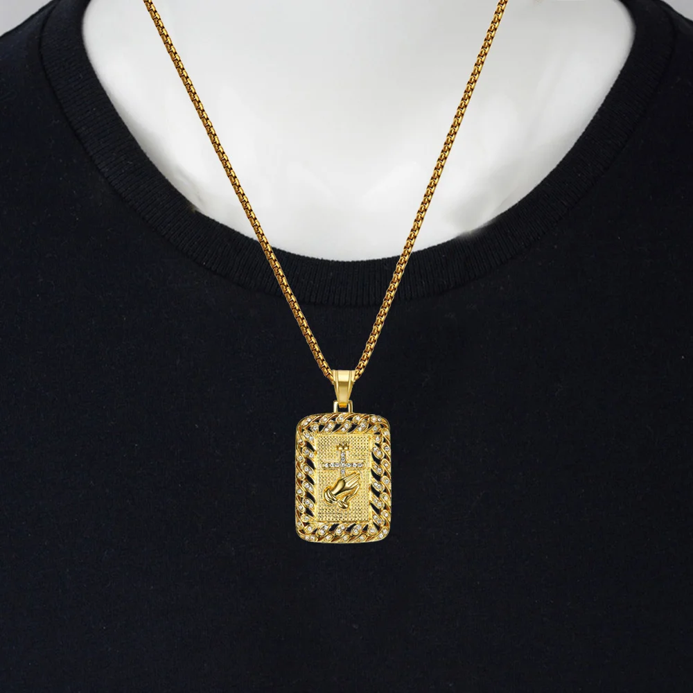 

Religious Praying Hands Cross Square Pendant Gold Color Stainless Steel Christian Amulet Necklace for Men Women Jewelry Gift