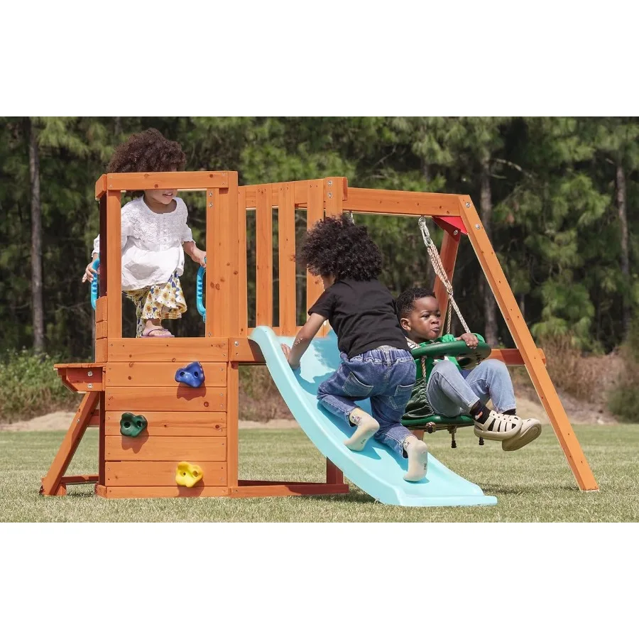

5in1 Wooden Toddler Swing Set for Backyard Playground Sets with Baby Swing Table Blackboard Kid Slide Rock Climbing Wall Ideal