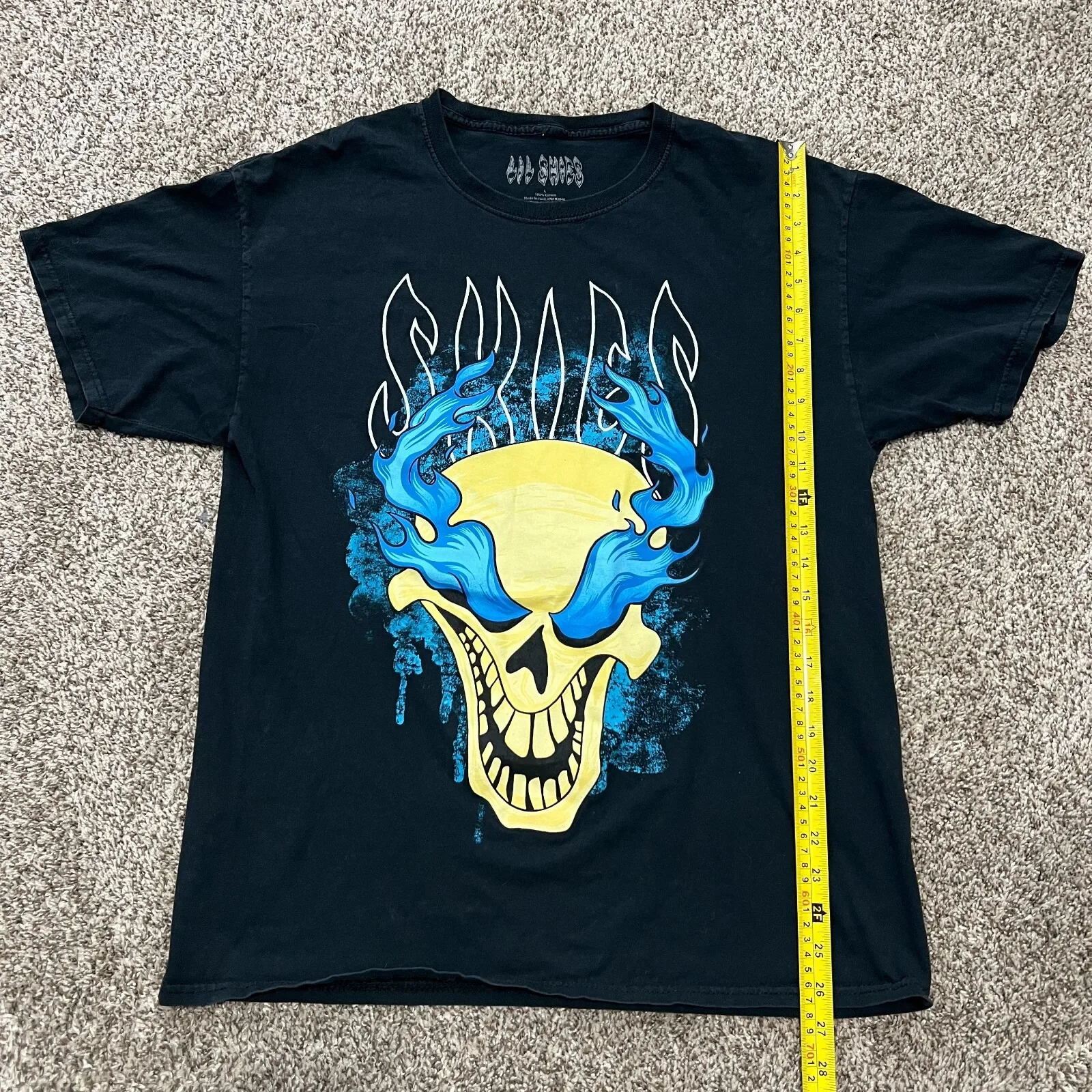 Lil Skies Flaming Skull T-shirt Black Large Blue Flames Rap Hip Hop Music Tour