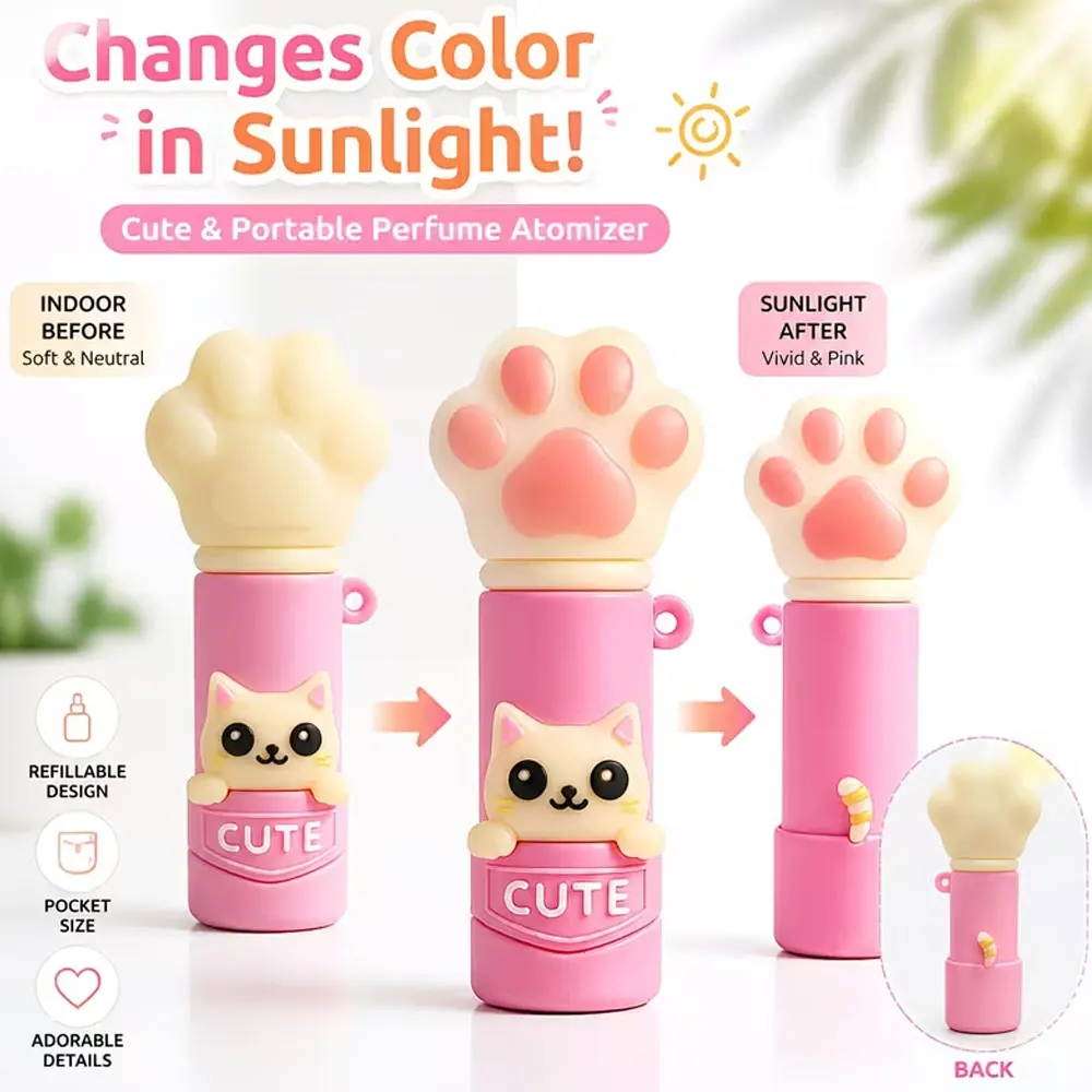 1 Cute Cat Paw-Shaped Refillable Perfume Atomizer, Color-Changing Portable Mini Spray Bottle, 5ml Travel-Sized Perfume Dispenser, with Bottom-Fill Design, Featuring a Cute Cartoon Cat Pattern