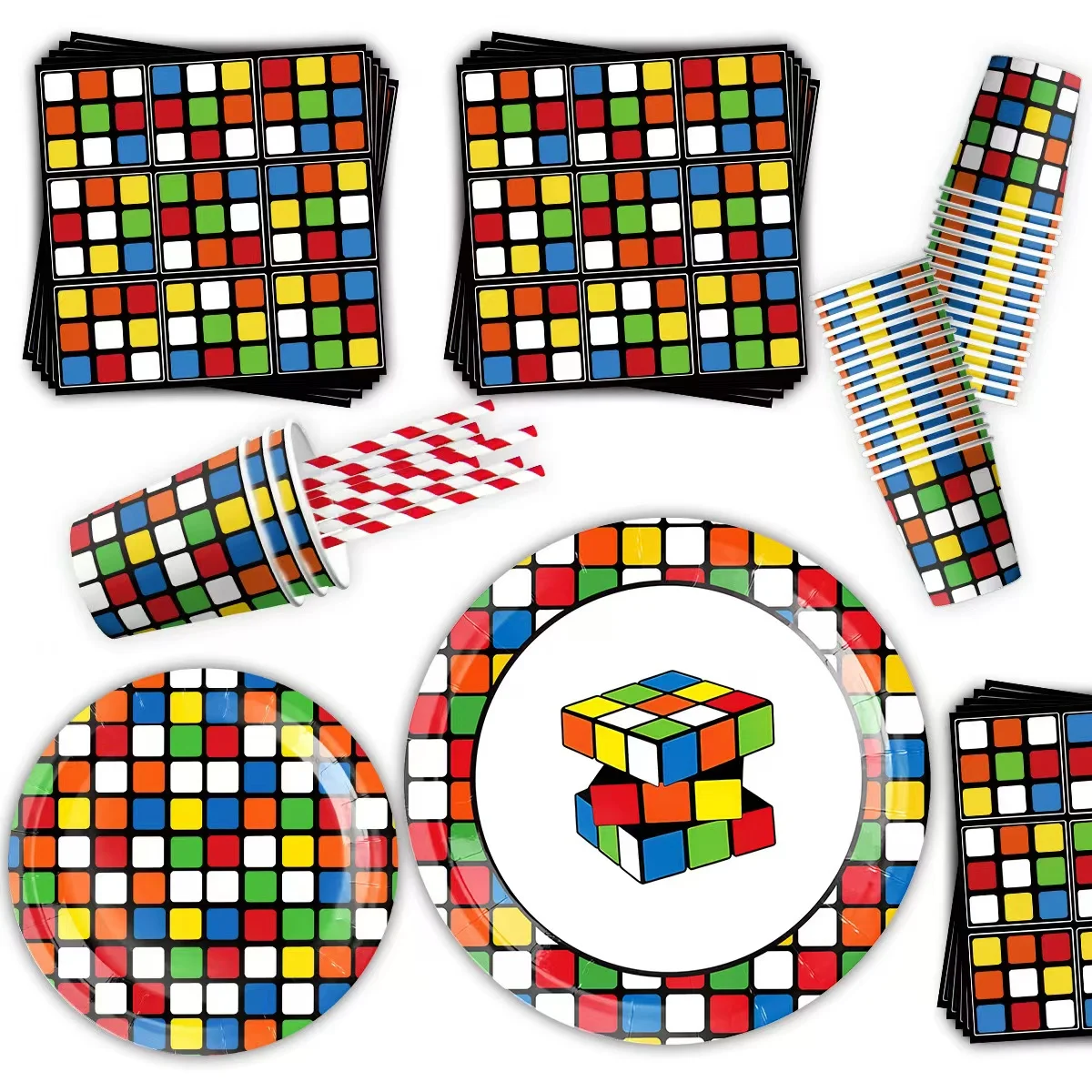 Magic Cube Theme Birthday Party Decoration Disposable Dinnerware Block Cup Plate Napkin Set For Kids Baby Shower Supplies