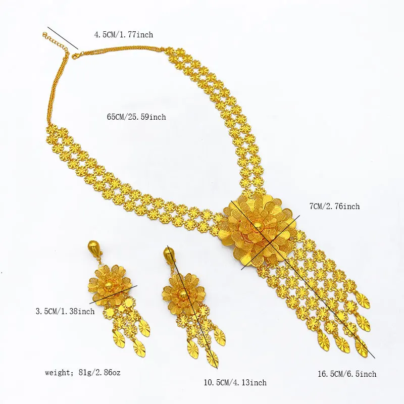 Luxuriöse indische lange Blumen-Halsketten- und Ohrring-Sets für Bräute, äthiopischer Dubai 24k Goldfarben-Schmuck, Ohrringe, Bankettgeschenke – Detail 6