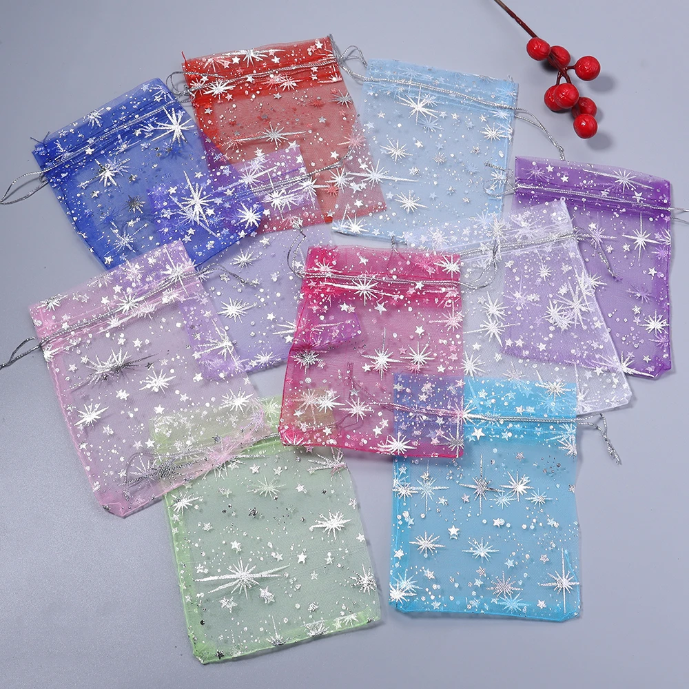 10pcs/lot 9X12cm Organza Storage Bags Hot Stamping Starry Sky Pouches Gift Bags Charm Jewelry Packaging Drawstring Pouches