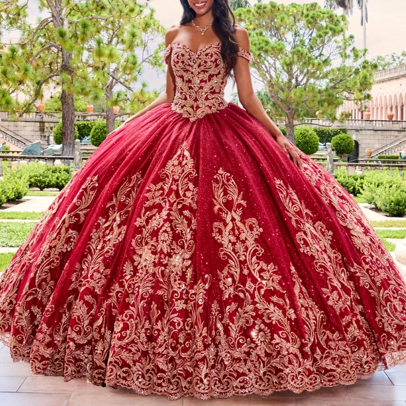 

Sparkly Red Off the Shoulder Quinceanera Dresses Golden Appliques Lace Beading Ball Gown Sparkly Crystatls Vestidos De 15 Años