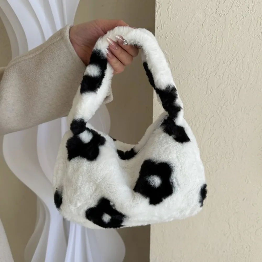 Storage Leopard Print Plush Handbag Large Capacity Hand Purses Korean Underarm Bags Flower Pattern Tote Bags Fluffy Storage Bag