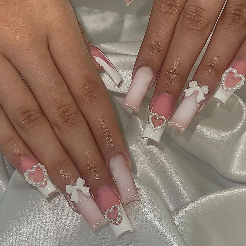 Press On Nails Removable Long Coffin Sweet Pink Gradient Alloy Pearl Heart Bow Decor Fake Nails For Women Daily Party Nail Art