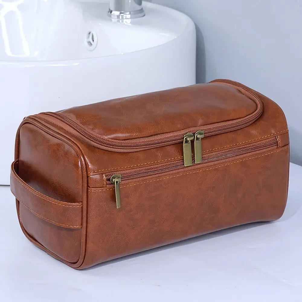 Retro PU Leather Men Toiletry Bag Waterproof With Handle Cosmetic Storage Bag Handheld Large Capacity Makeup Bag Men