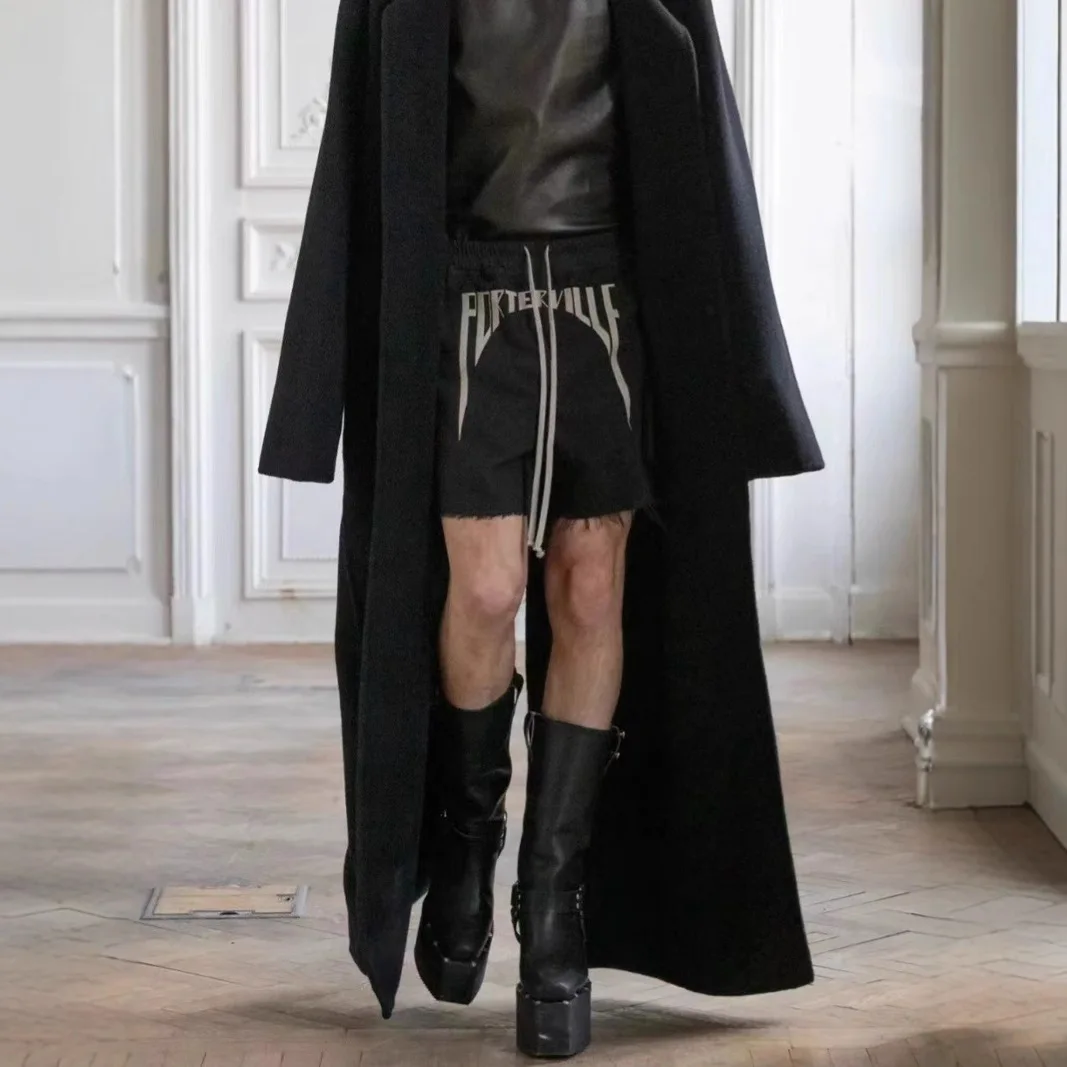 Firmranch Black Slogan Embroidery Shorts For Men Women Heavyweight Elastic Waist Strings Slit Fifth Pants Streetwear Outfit