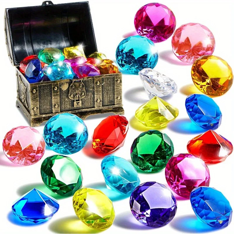 Joyfy Diving Gems Pool Toys 16 Big Colorful Diamond with Pirate Treasure Chest for Kids Underwater Gemstone Swimming Train Gift