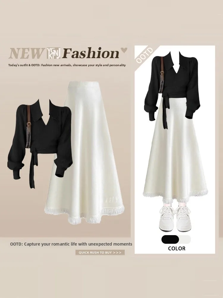 

Chic Winter Knitted Sweater And A-Line Tassel Skirt Set Women's ort Sle Sweet Match High Waist Midi Skirt Faion Ensemble