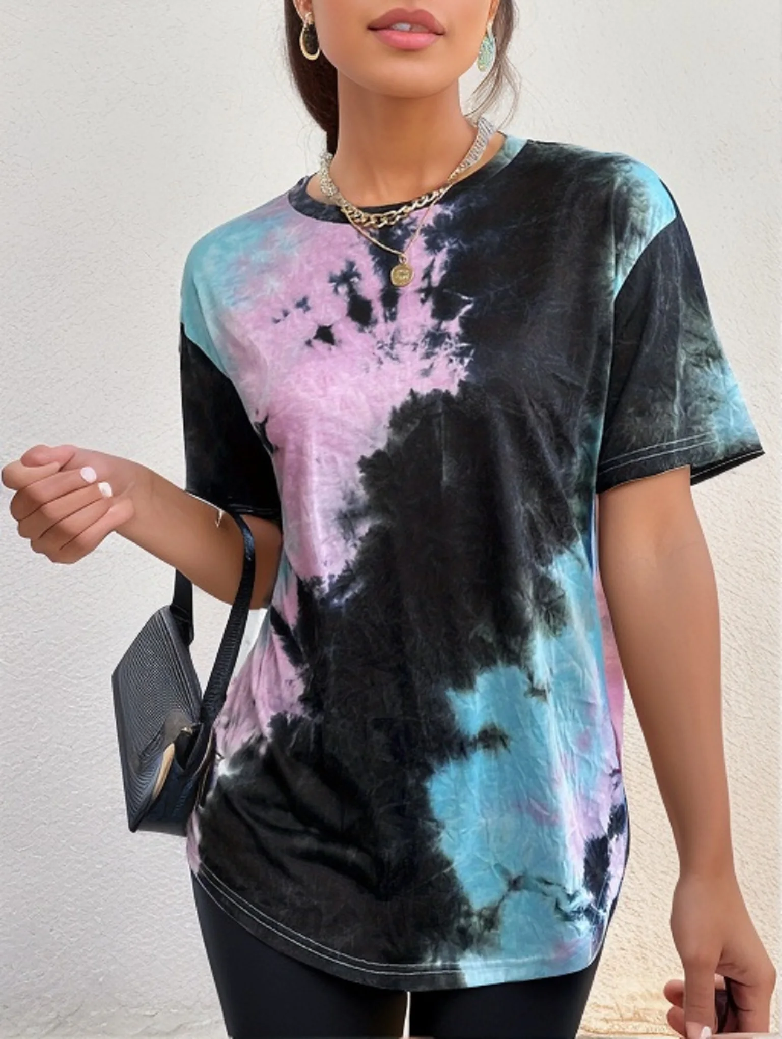 Frauen übergroße Krawatten hemden Rundhals ausschnitt Kurzarm T-Shirt lässig Sommer T-Shirts