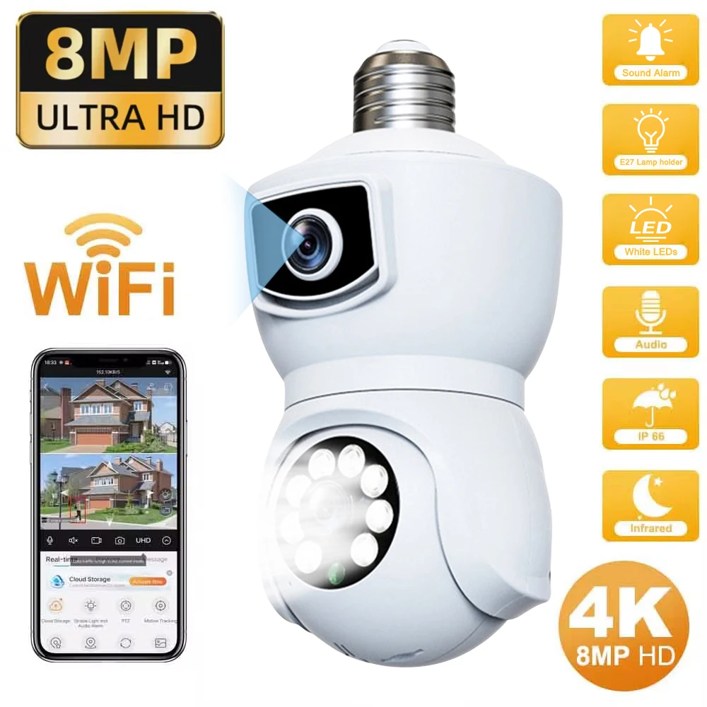 

128 ГБ E27 Лампа Wi-Fi Камера 4K 8MP Двойной объектив Двойной экран IP-камера Автоматическое отслеживание Двустороннее аудио Цветная камера ночного видения Камера безопасности
