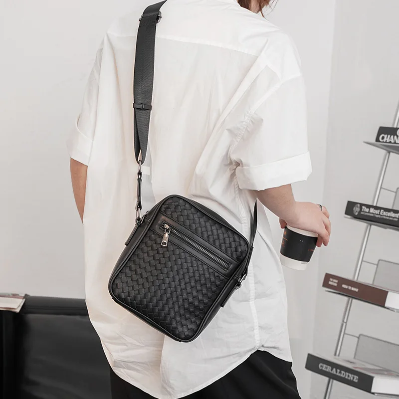 Woven Man Sling Bag Fashion Men Shoulder Bags Retro Male Messenger Bag Leather Men Crossbody Bags