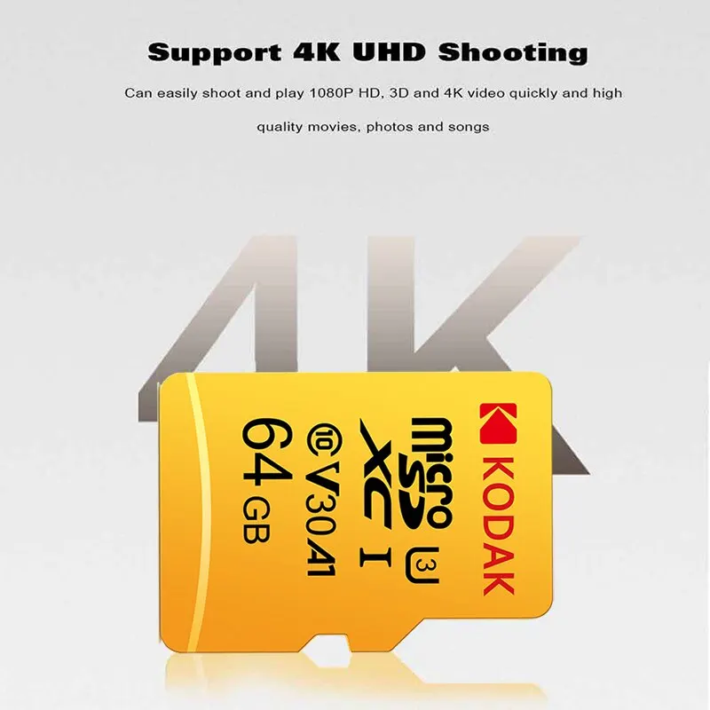 Kodakマイクロsdカードメモリカードクラス10 64gb u3 4k高速cartao de memoriaフラッシュメモリtf mecard c10