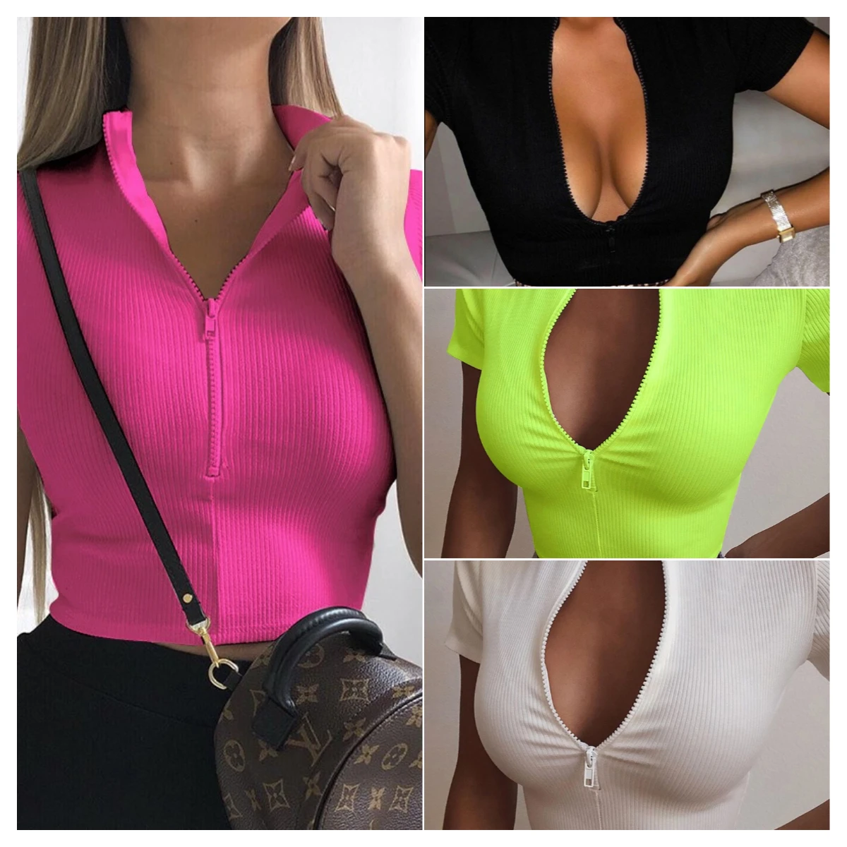 Women\'s Clothing New Stand-Up Collar Zipper Short-Sleeved T-Shirt Girls Chest Revealing Navel Slim Tight Sexy Comfortable Sports