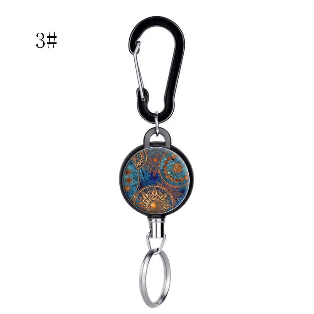 Retro Pattern Retractable Carabiner Keychain Badge Reel Clip Students Doctor ID Card Holder Accessories Easy Pull Button
