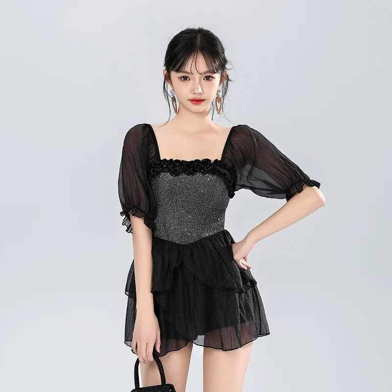 

2025 New French Hepburn Style Women's One-Piece - Square Neck Tulle Puff Sleeves Tummy-Control Mesh Swimwear for Beach Vacation
