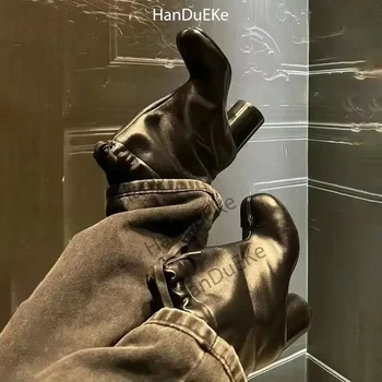 Luxe Designer Split Teen Schoenen Vrouw 2024 Herfst Winter Tabi Ballon Enkellaarzen Voor Dames Merk Veters Dikke Hakken Laarsjes