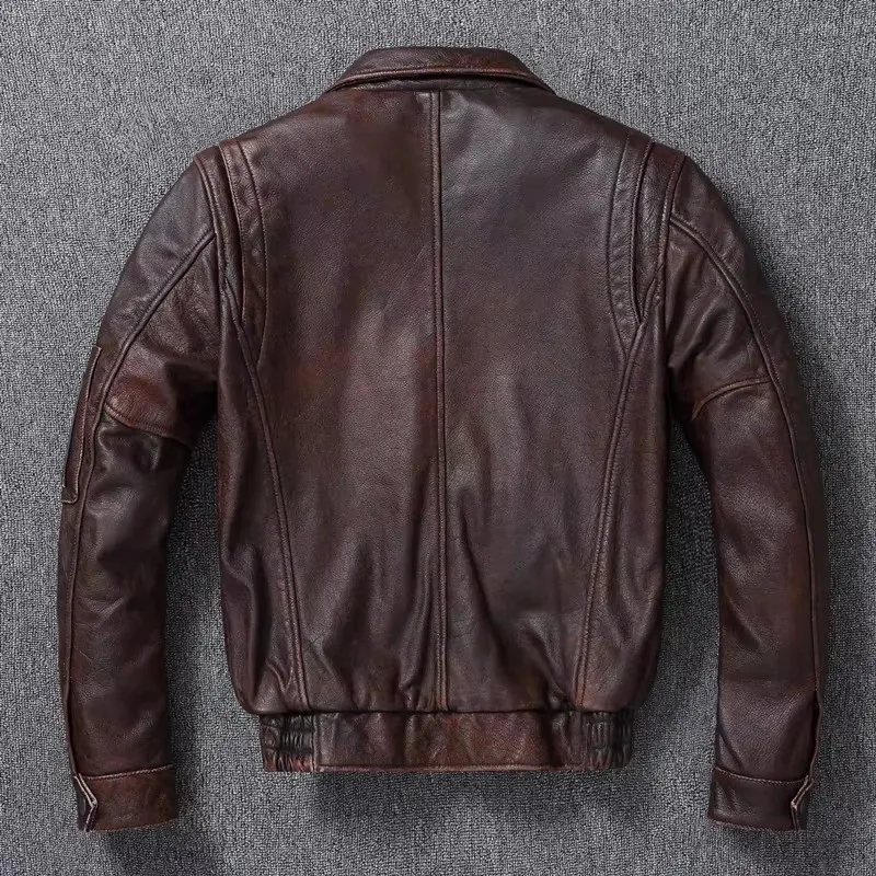 Men's Genuine Leather Jacket Vintage Stone Milled A2 Brown Men's Calfskin Motorcycle Jacket Top Layer Cowhide Bomber Jacket