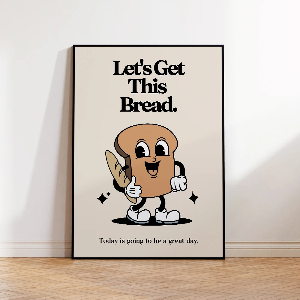 

Retro Mascot Let's Get This Bread Quotes Gift Wall Art Aluminum Frame Prints Canvas Painting Poster for Kitchen Room Home Decor