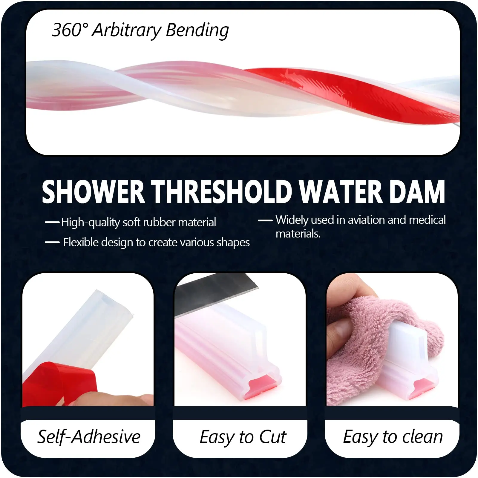 98 Inches Shower Threshold Water Dam Collapsible self-adhesive Shower Barrier and Kitchen Water Strip