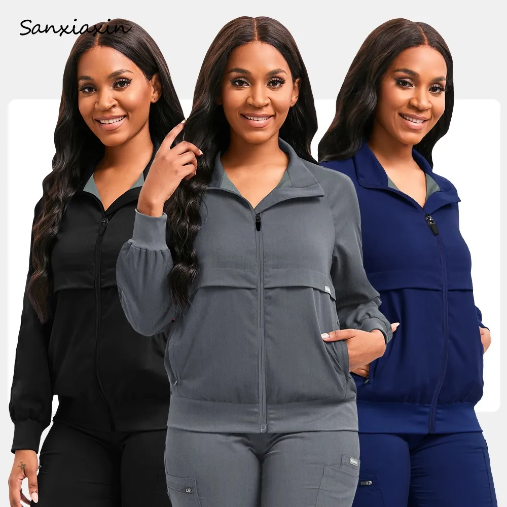 Chaqueta médica de manga larga para mujer, uniforme de farmacia, abrigo médico liso para enfermera y Hospital, uniformes quirúrgicos, ropa de trabajo para salón de belleza
