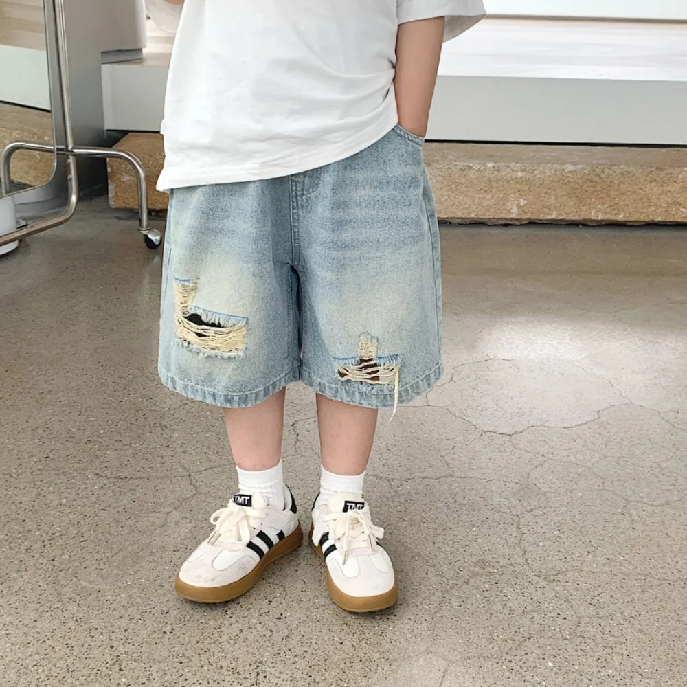 

Boy Pants Street Style Korea 2024 Summer New Jeans Ripped Pants Fifth Trousers Thin Casual Loose Fashion Kids Summer Clothes