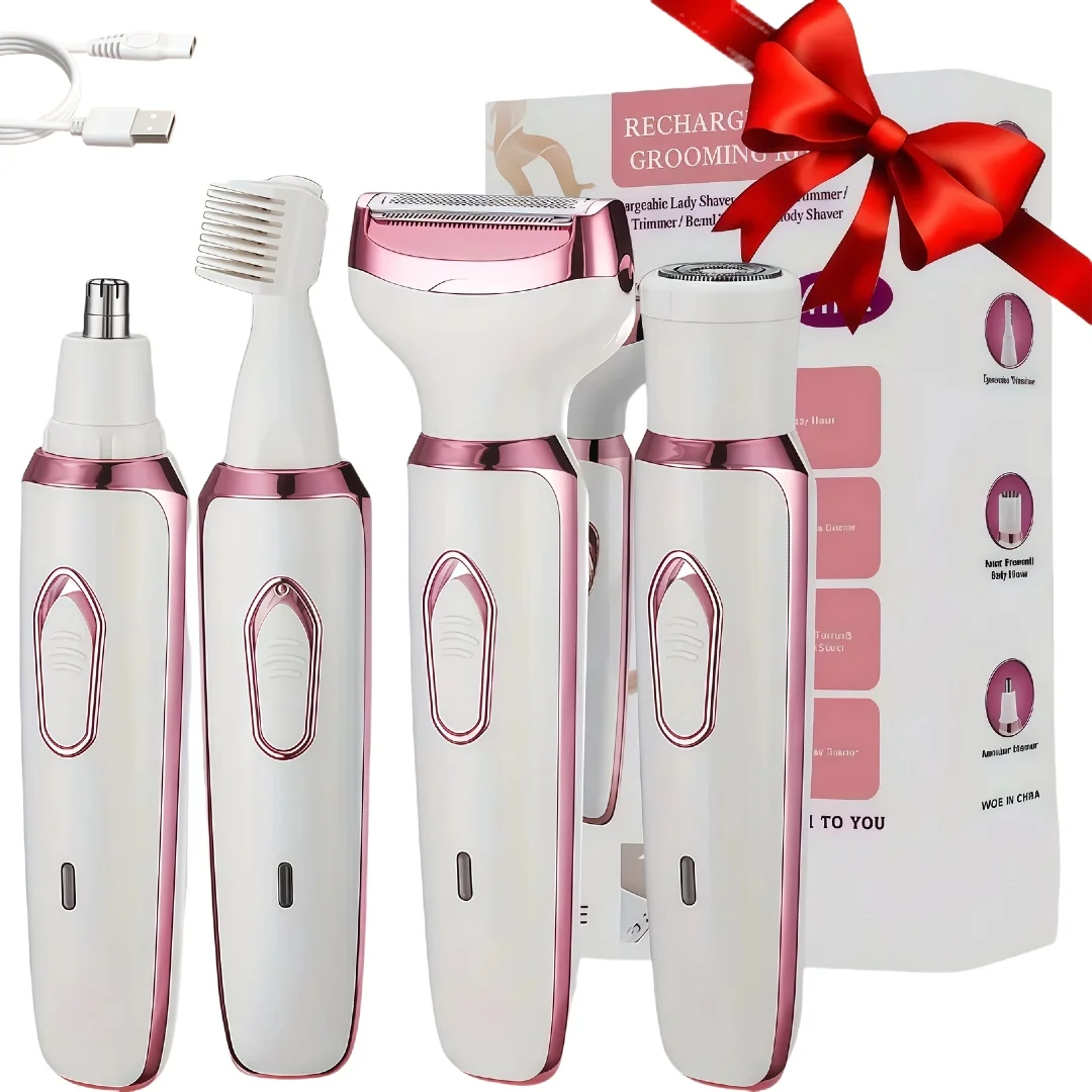 4-in-1 Electric Shaver & Bikini Trimmer Kit, Rechargeable Wet/Dry Painless Hair Remover for Face, Legs, Underarms & Bikini Area