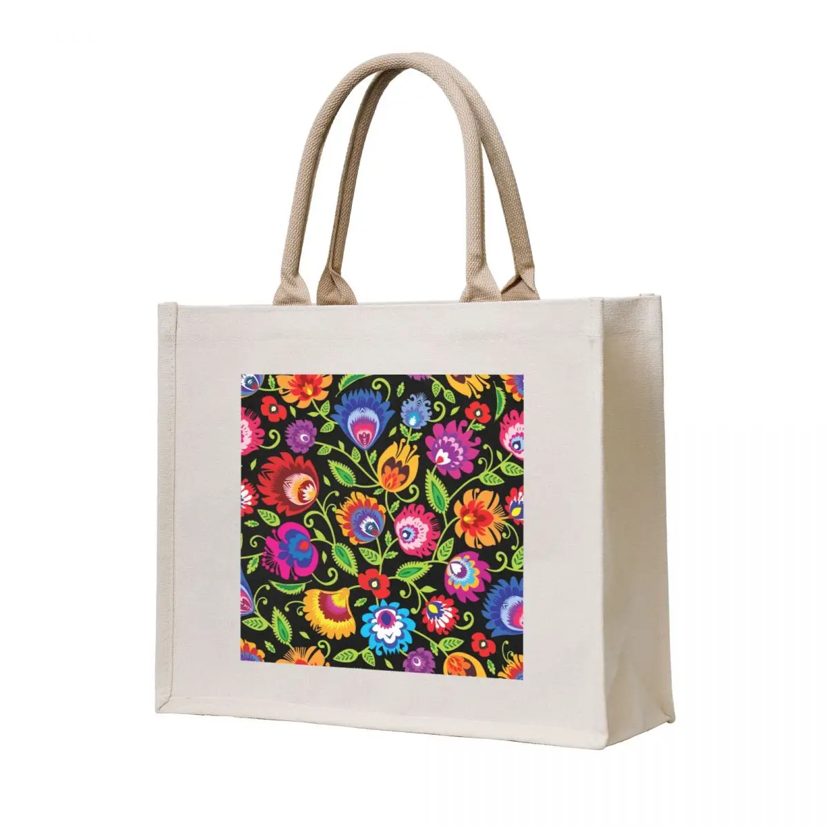 

Vibrant Folklore flowers on black Tote Bag tote bags cloth bags cloth bag woman custom bags