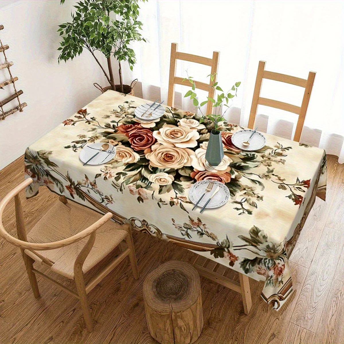 1 PC Elegant Flowers and European Pattern Tablecloth - Durable polyester tablecloth, beige and orange rose designzyc