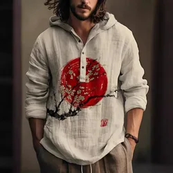 2024Spring And Autumn Shirt Independent Station Casual Bamboo Hawaiian Style Printed Shirt Men's Top Long Sleeve Hooded Pullover