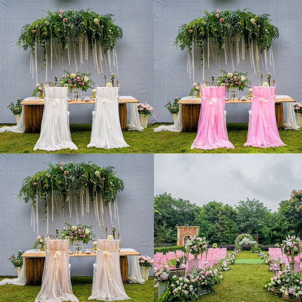 

2Pcs Elegant Chair Skirt Cover Soft Nylon Tulle Long Draping Design for Bridal Shower Candlelit Dinner Home Event Decoration