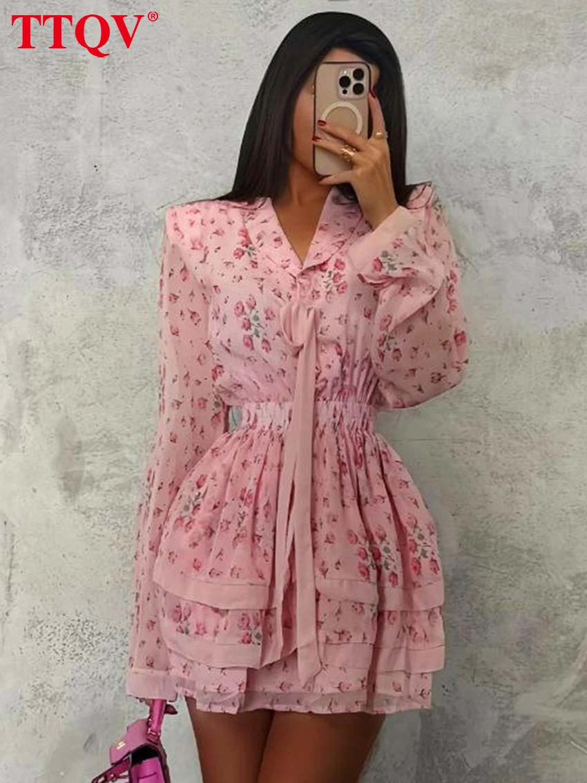 

TTQV Fashion Loose Print Women's Dress 2026 Autumn Lapel Long Sleeve Mini Dresses Lady Elegant Classic Pleated Female Dress