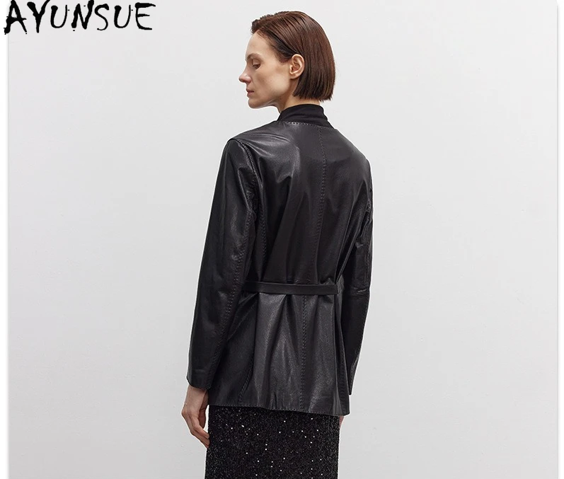 AYUNSUE Natürliche Schaffell Echtes Leder Jacke Frauen Mode Schwarz Frauen Jacken Frühling Herbst Kleidung Gürtel Jaqueta Couro