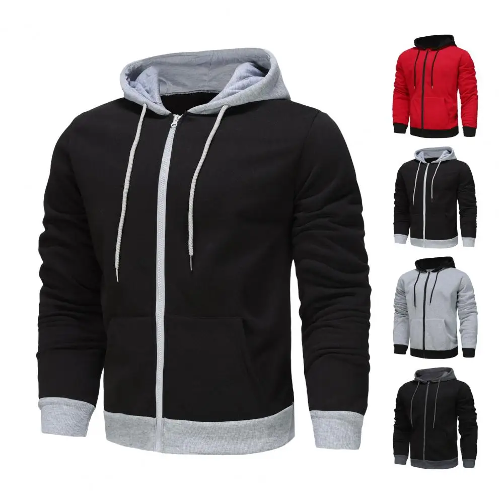 Zip-up Hooded Jacket Men's Fall Winter Hoodie Sport Jacket with Drawstring Closure Elastic Cuff Solid Color Coat Cardigan