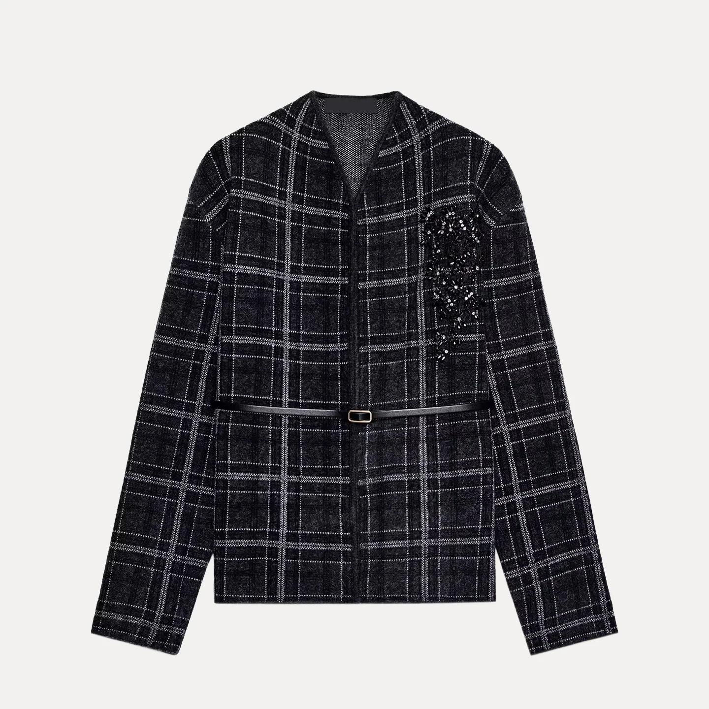 Prendas de abrigo de punto a cuadros de moda con cinturón Otoño de 2025 Abrigo con cinturón versátil Faion para mujer Ropa diaria larga con soporte