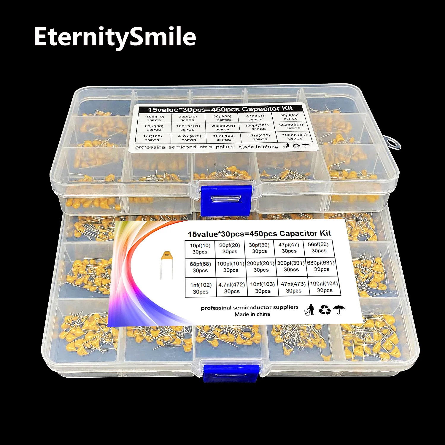 

450Pcs/Box 15Values 10PF-100NF 50V Monolithic Electronic Capacitor Kit 20/30/47/56/68/100/200/300/680/PF 1/4.7/10/473/100/NF
