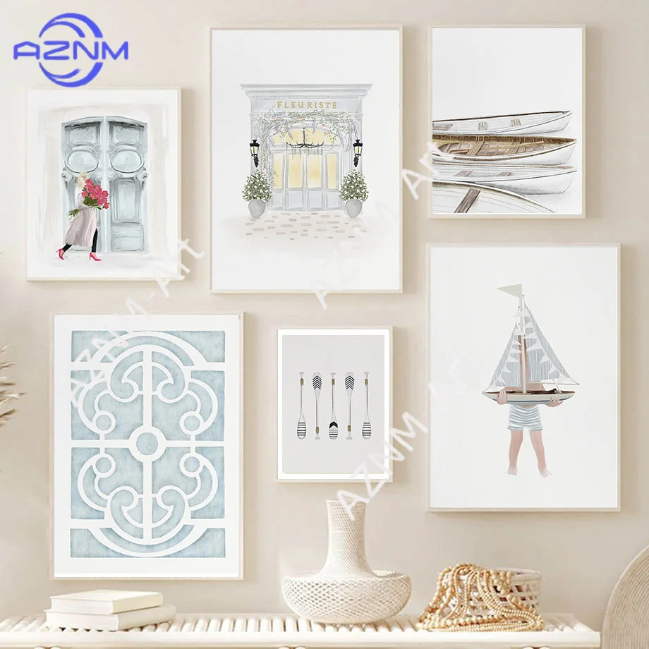 Ocean Boat Flower Girl Paddle Door Minimalist Wall Art Print Canvas Painting Posters for Living Room Modern Home Decor