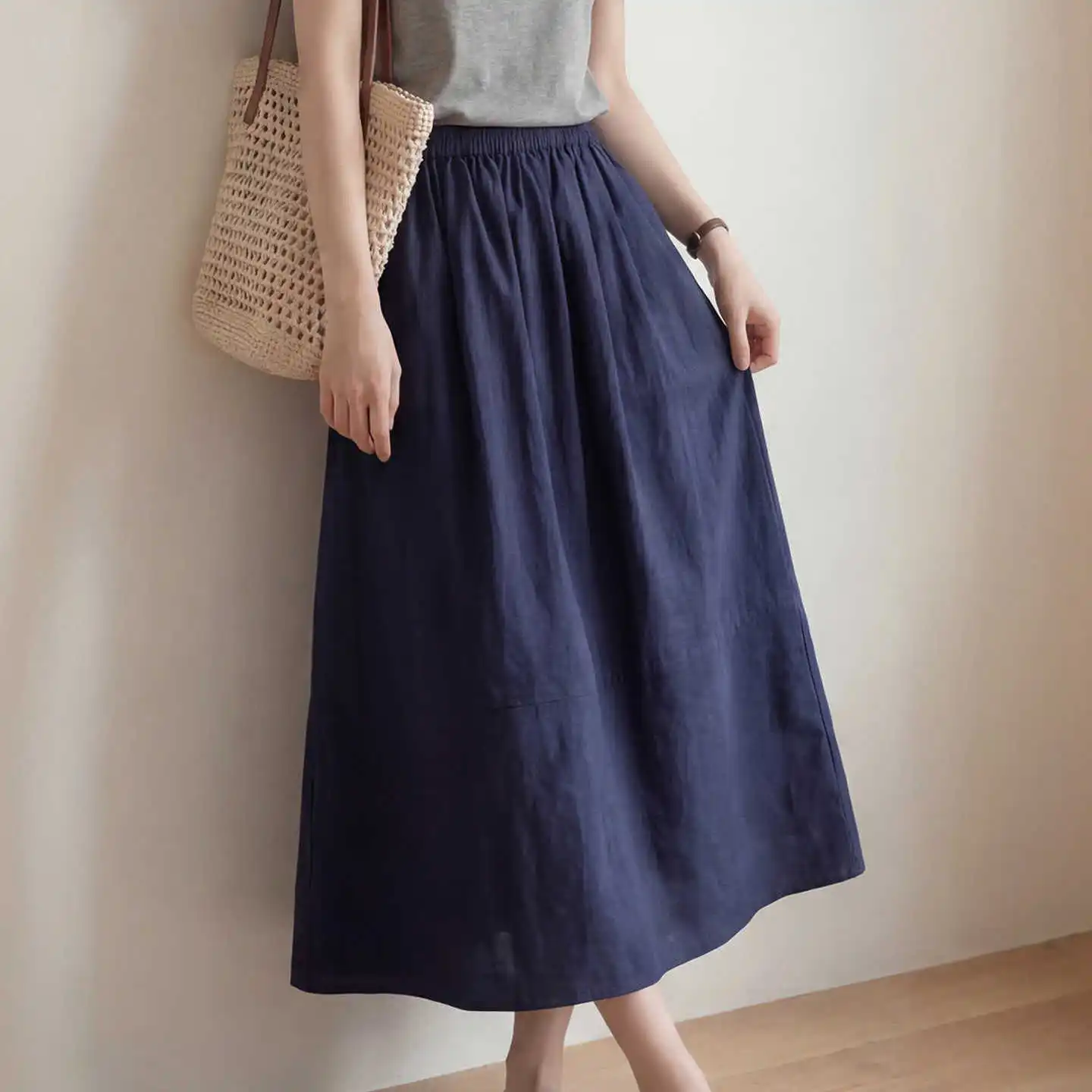 Japanese Style A-Line Midi Skirt High Waist Slimming Hip Covering Long Skirt for Pear Shaped Body Linen Blend Summer Skirt