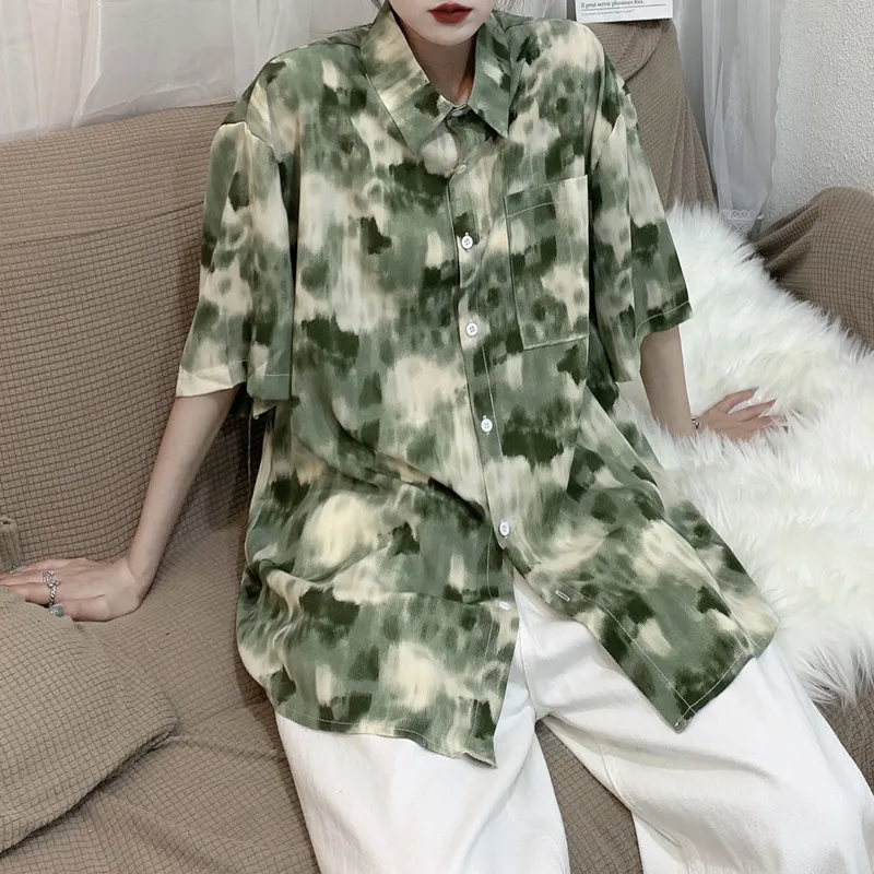 Harajuke Vintage Tie-dye Button Down Blouses Summer New Loose Pleated Short Sleeve Oversized Shirts for Women