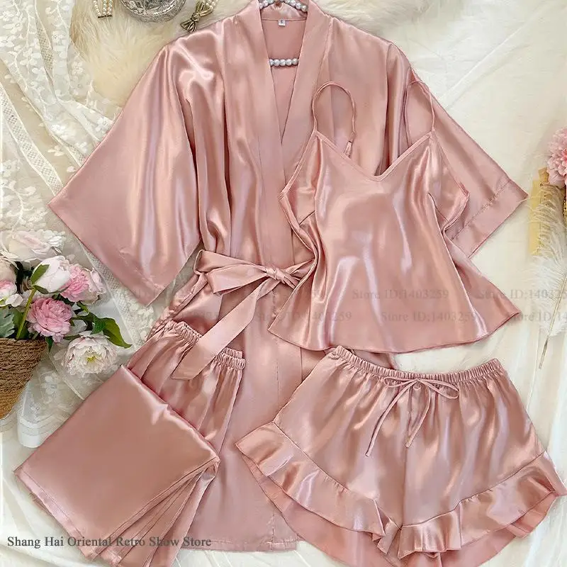 

Spring Summer New Women Pajama Four Piece Suit Sleepwear Silky Satin Kimono Bathrobe Trouser Suits Loose Home Clothes Loungewear