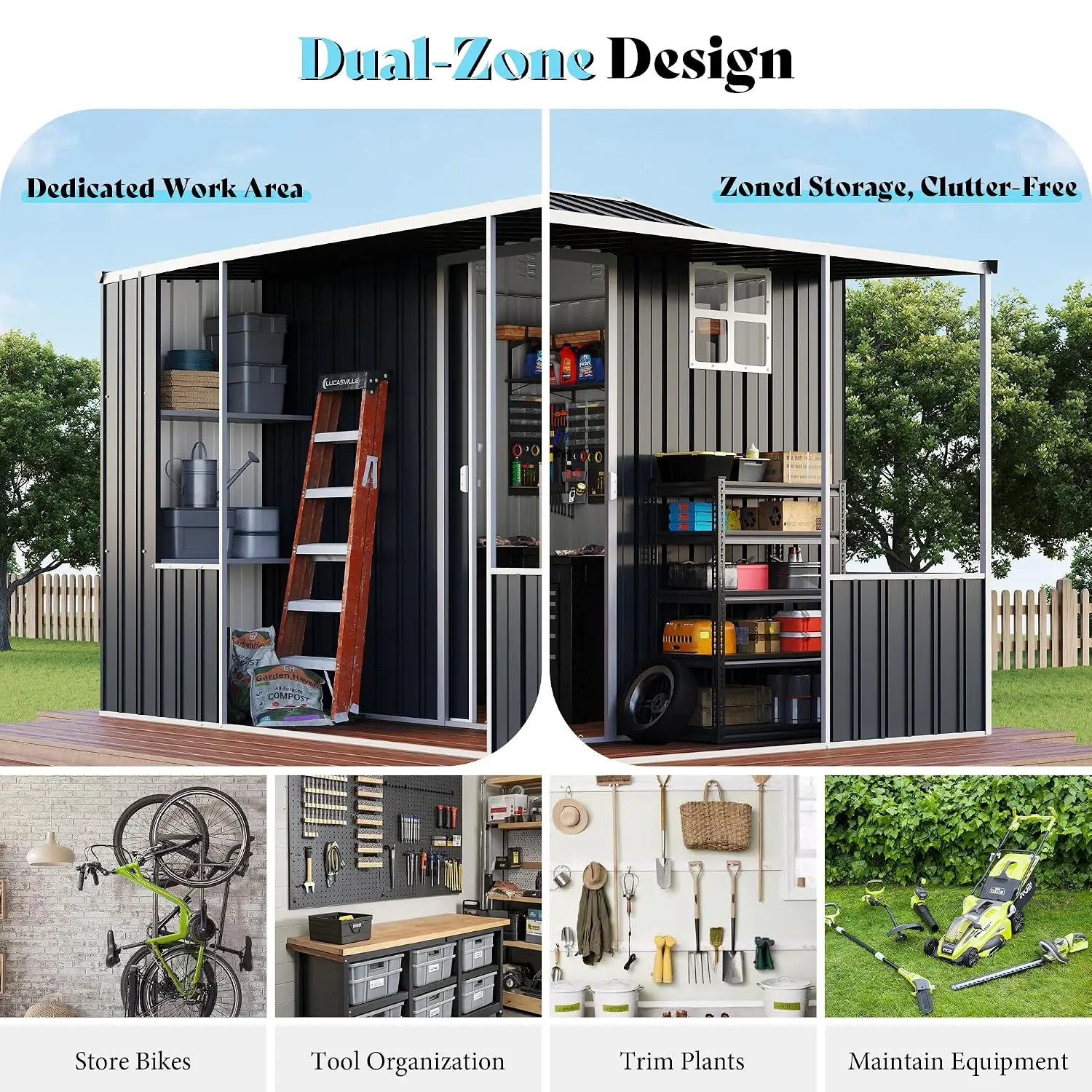 9x9x7 FT Dual-Zone Metal Storage Shed with Work Area, Custom