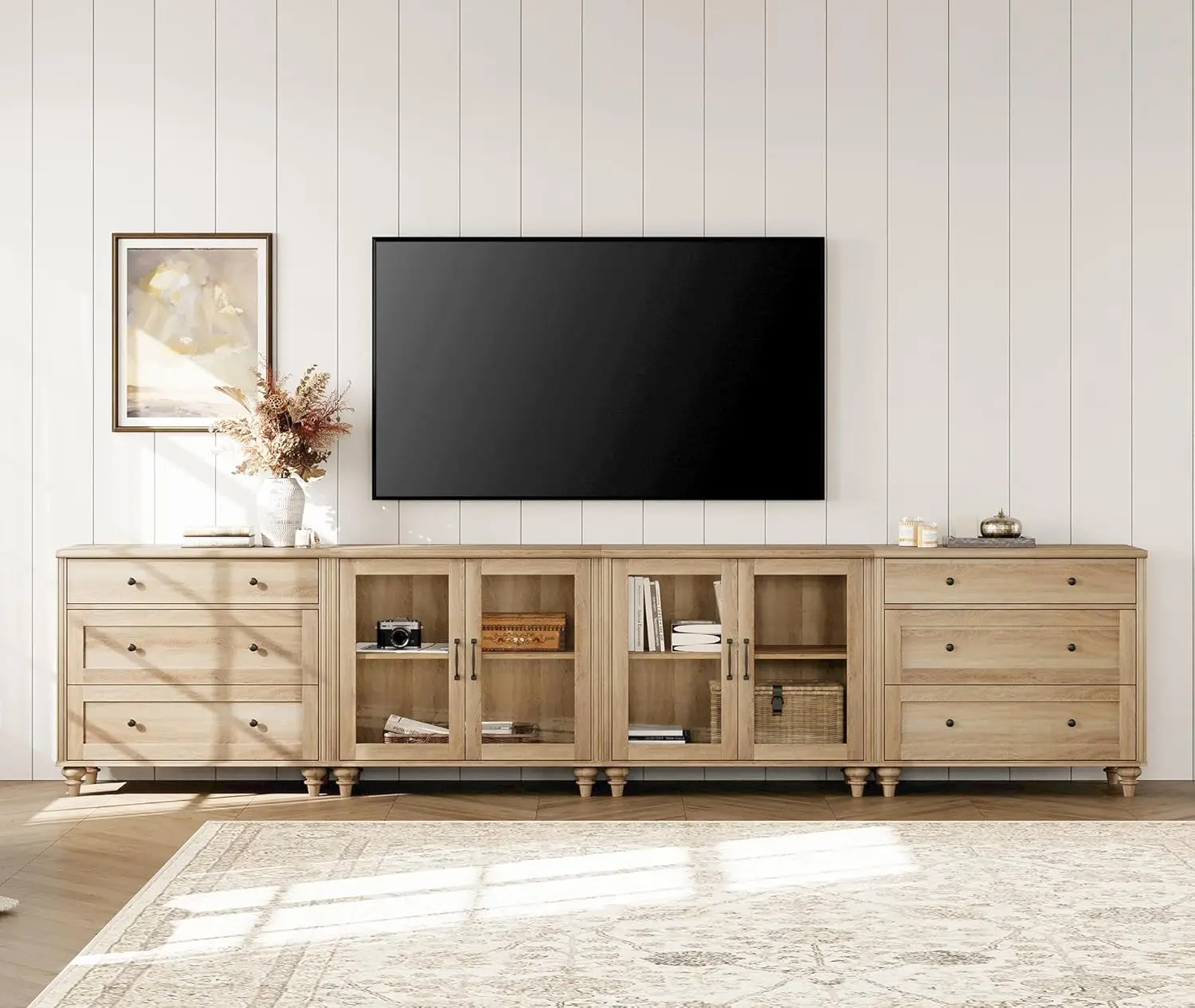 

Modern TV Stand for TVs up to 110 inch, 4 in 1 Entertainment Center with Storage Cabinets and 4 Glass Door, Media Console with 6