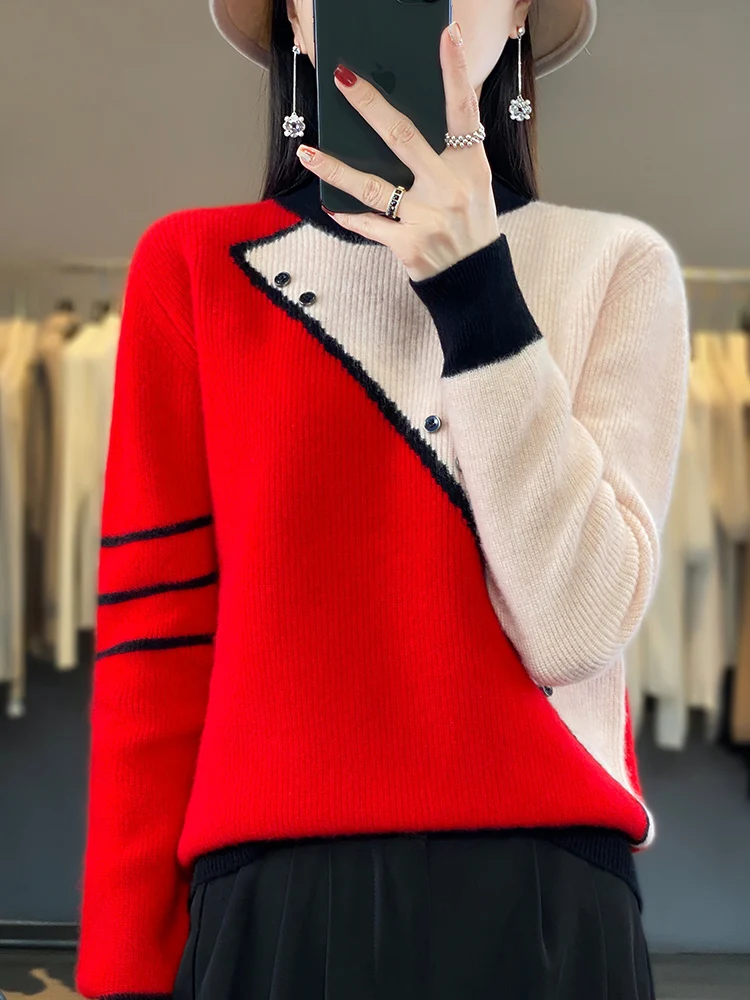 Autumn Winter New 100% Wool Knitted Pullover Women O-Neck Color Match Sweater Long Sleeve Shirt Fashion Loose Warm Thick Tops