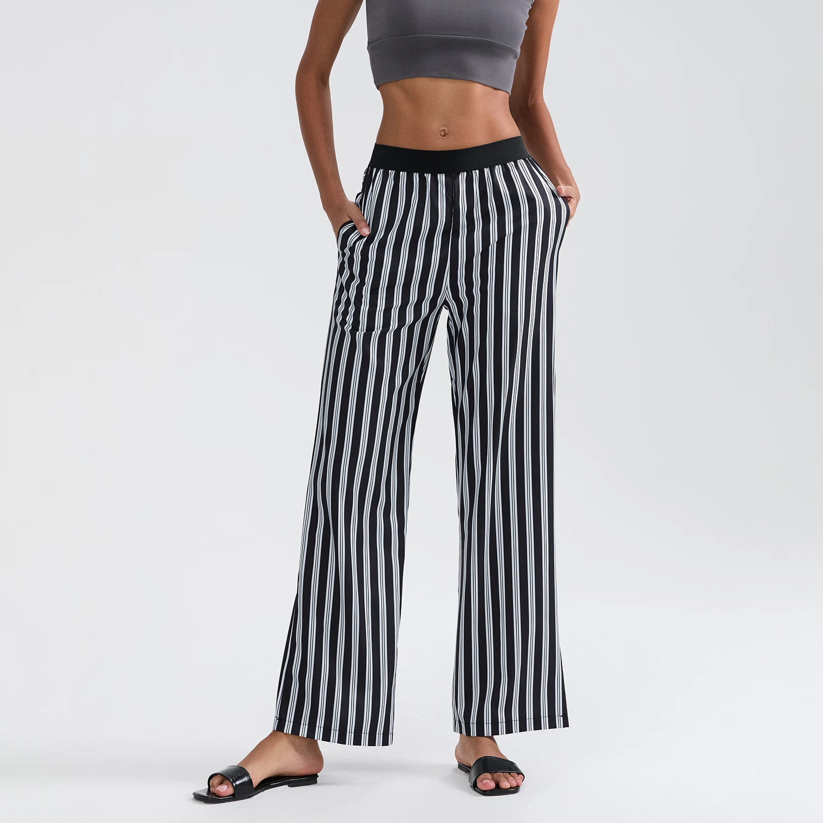 Women's Striped Lounge Pants Casual Elastic Waist Loose Fit Straight Leg Trousers with Pockets for Summer Spring Fall Sleepwear