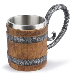 Wooden Barrel Mug Resin Stainless Steel Barrel Coffee Cup Water Bottle Viking Style Double Wall Beer Jug for Bar Drinkware Decor