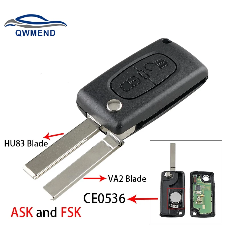 

QWMEND 2 Buttons CE0536 Flip Smart Car Key for Peugeot 107 207 307 307S 308 407 607 Car Remote Key FSK or ASK