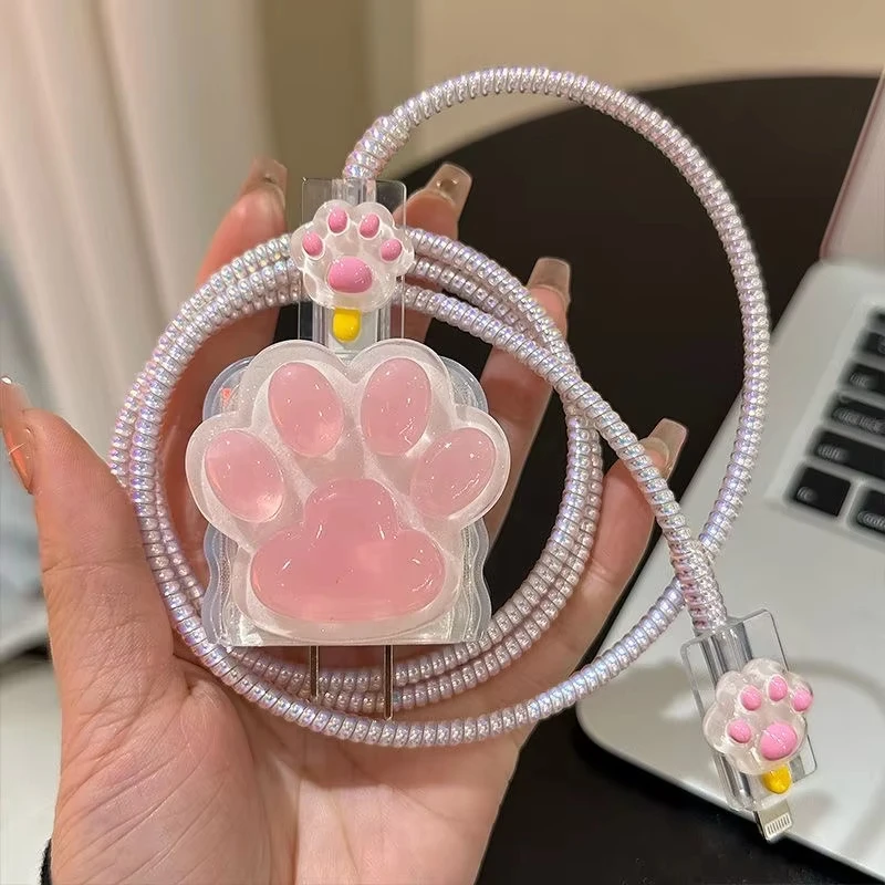 Charger Protector For IPhone Apple 18W 20W US Cute 3D Pink Cat Claw Charger Protective Cover USB Data Cable Protection Winder