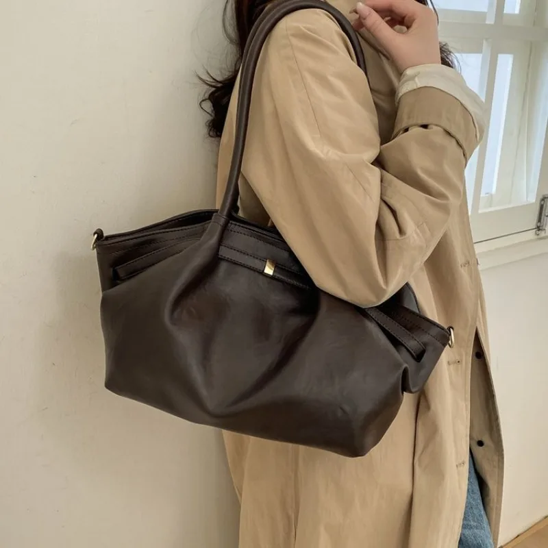 

Однотонная кожаная повседневная сумка для женщин: модная, классическая, винтажная, ручной работы, повседневная сумка-тоут через плечо, элегантная, практичная, для шопинга